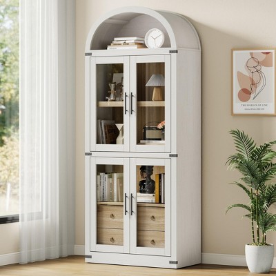 Arched Farmhouse Bookshelf with Doors and Drawers, 71.4" Tall Wooden Display Cabinet with Glass Panels and Metal Corner Protection, Black