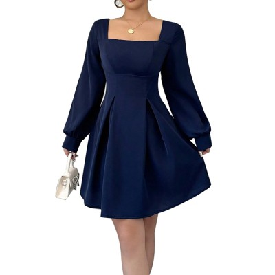 Clearlove Women's Lantern Long Sleeve Mini Dress Square Neck Ruched A Line Dress