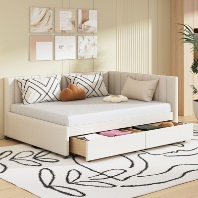 Twin/Full Size Upholstered Daybed Frame with Trundle/2 Storage Drawers, Beige/Gray/Pink/Yellow, 4A -ModernLuxe