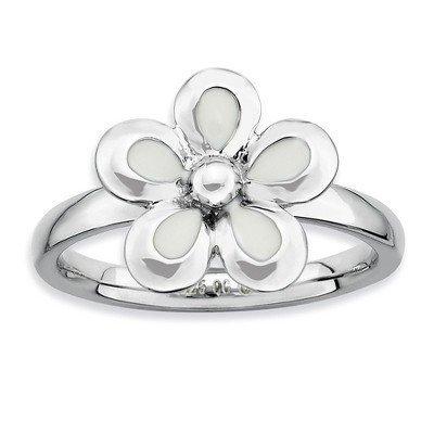 Black Bow Jewelry Sterling Silver Stackable White Enameled Flower Ring