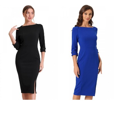 INSPIRE CHIC Women's Elegant Boat Neck 3/4 Sleeves Work Midi Split Sheath Dress 2 Packs