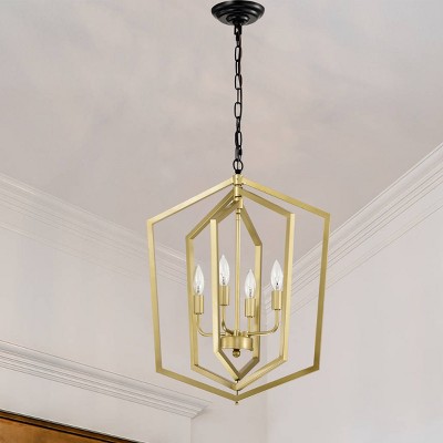 BAOURE 4 Light Chandelier,18.11 in Gold Lantern Light Fixtures with Farmhouse Metal Cage Adjustable Height for Dining Room Hallway Foyer