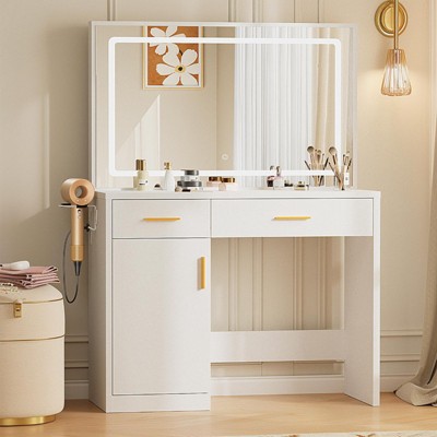 Okak Minimalist White Vanity Table with Big Mirror & LED Lights,Storage Dressing Desk with Drawers & Cabinets,Makeup Table for Bedrooms