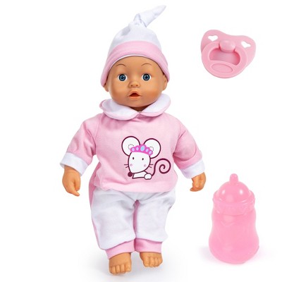 Bayer: Interactive Baby Doll - 14" Pink Mouse - Makes Baby Sounds, Includes Pacifier Bottle & Matching Cap, Pretend Play