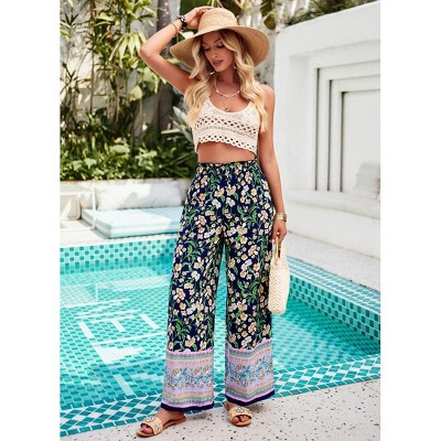 Women Summer Boho Palazzo Pants High Waist Wide Leg Floral Casual Lounge Trousers with Pockets