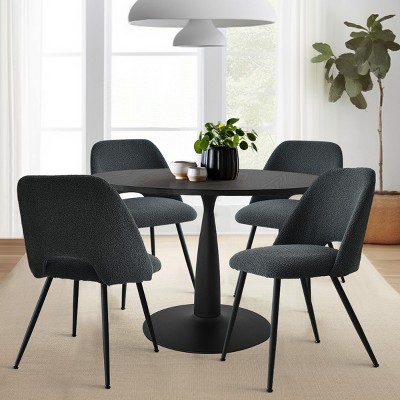 5-Piece Round Dining Table Set with Boucle Upholstered Chairs, Modern Black Table and 4 Fabric Dining Chairs for Small Spaces-Maison Boucle