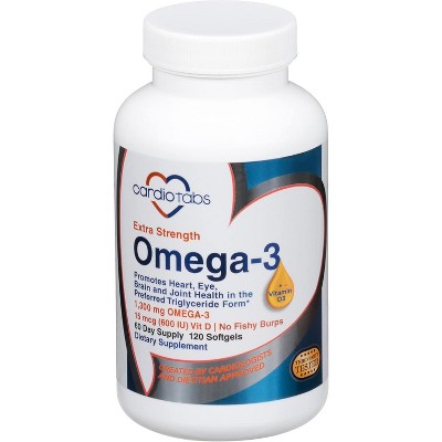Cardiotabs Extra Strength Omega3 + Vitamin D3 - 2040 mg Omega-3 Fish Oil, 1300 mg DHA+EPA & 600 IU Vitamin D3, 120 Sofgels per Bottle - 60 Day Supply