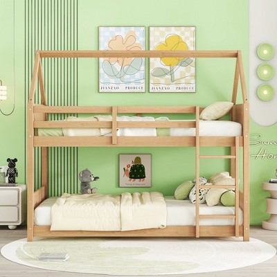 MAYEERTY Twin Rubber Wood Floor BUnk Bed with Ladder, Guardrails, House Shaped Bunk Bed Beige