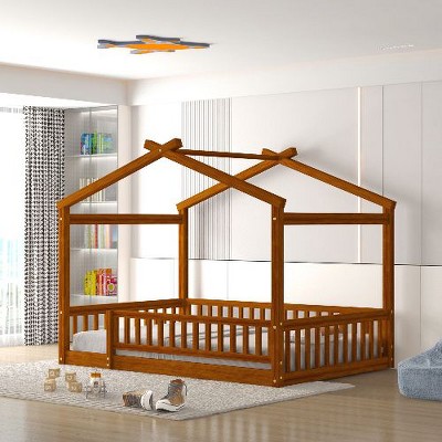 CAVINAS Twin Size Bed Frame, Wood Bed House Bed Frame with Fence, House-Shaped Floor Bed for Kids, Teens, Girls, Boys, Floor Platform Bed