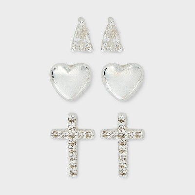 Sterling Silver Cubic Zirconia Heart Cross Stud Earring Set 3pc - A New Day™: Butterfly Closure, Gift Box Included