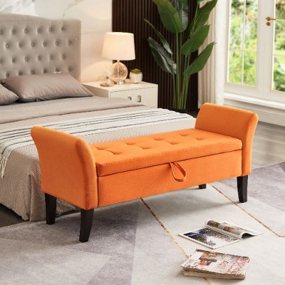 Kumasinova Tufted Milk Velvet Storage Bench with Curved Arms, Bed Bench with Solid Wood Legs, Versatile Entryway Bench, Ottoman with Storage