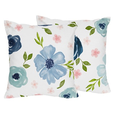 Sweet Jojo Designs Girl Decorative Throw Pillow Covers 18in. (Pillow Inserts Not Included) Watercolor Floral Blue Pink and White 2pc