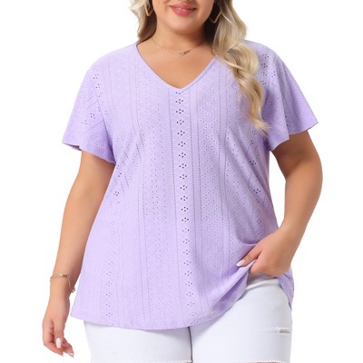 Agnes Orinda Women's Plus Size V Neck Eyelet Short Sleeve Casual Trendy Blouses