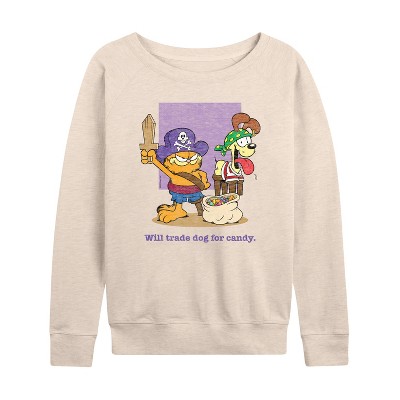 Women's - Garfield - Will Trade Dog For Candy Lightweight French Terry Wide Neck Long Sleeve Graphic Shirt
