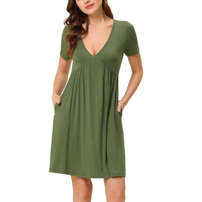 cheibear Women's Nightgowns Pleated Deep V Neck Short Sleeve Stretchy Pajama Dress with Pockets