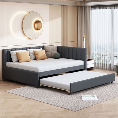 Sapphtopaz Daybed Full Size Bed Frame Linen Fabric Sofa Bed Bedroom Furniture, Easy Assembly, No Box Spring Needed, Beige