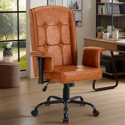 VECELO Ergonomic Leather Office Chair, Adjustable Swivel Desk Chair with Armrests & Lumbar Support, Black/Brown