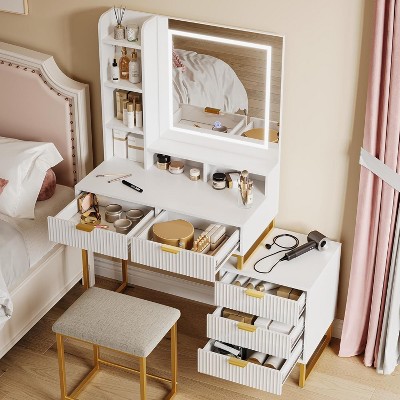 Makeup Vanity Desk with Lights, Mirror & Storage, Small Vintage Table Bench Set, Modern Fluted Dressing Table for Small Bedrooms Apartments