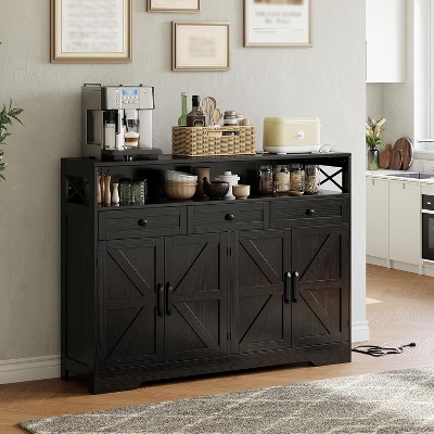 51"Farmhouse Sideboard Buffet Cabinet with Storage Shelf & Charging Station, Large Coffee Bar Cupboard for Dining Room, Living Room