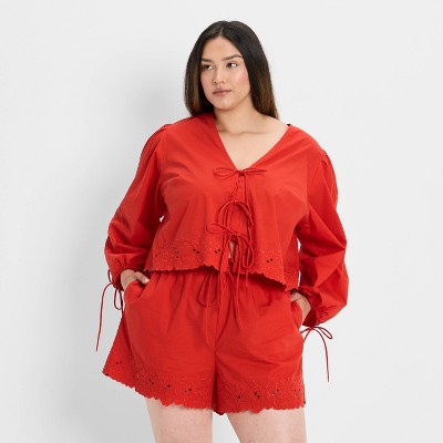 Women's Long Sleeve Eyelet Tie-Front Poplin Blouse - Future Collective