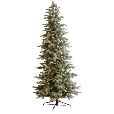 8.5ft. Slim Flocked Spruce Artificial Christmas Tree with 500 Warm White LED Lights and 1061 Branches – Elegant Snowy X-Mas Glow