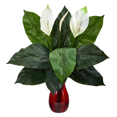 Nearly Natural 24-in Spathiphyllum Artificial Plant in Ruby Planter