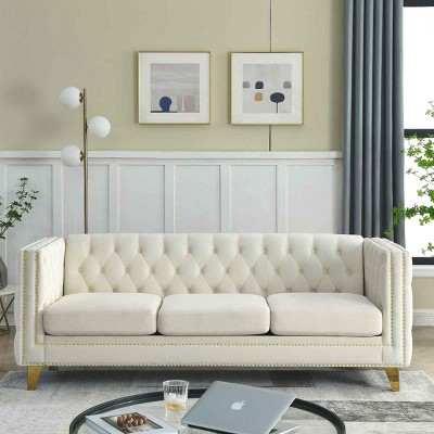 Modern Chesterfield 3-Seat Sofa, Couch with Nailhead Trim and Button Tufted Back, Velvet Sofa with Wood Frame and Metal Legs-Coolbibila