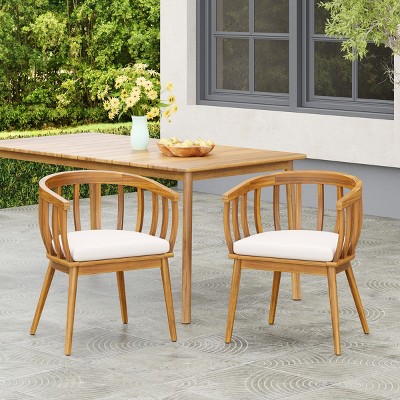 Outdoor Acacia Wood Dining Chairs Set of 2,Fabric Upholstered Dining Chairs with Curved Backrest,Wood Armchairs for Garden Balcony-Coolbibila