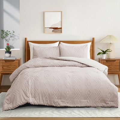 Peace Nest 3 Piece Year-Round Warmth Tufted Geometric Clipped Comforter Set Soft Microfiber in Coral