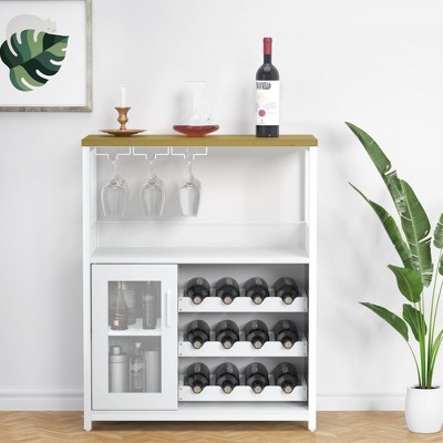 homfan Wine Cabinet, Wine Bar Cabinet with Drawer and Storage Shelves, Bar Cabinet with Glass Holder, Small Sideboard and Buffet Mesh Door