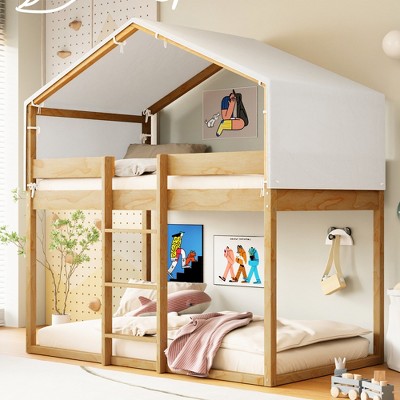 TiramisuBest Twin Over Twin Wood Bunk Bed with Tent, House-Style Playhouse Design, Solid Pine Frame, Natural