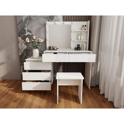 Gulches White LED Lighted Makeup Vanity - Mirror, Storage Drawers, Matching Stool, Brush/Cosmetic Organizing Compartments
