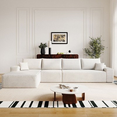 135 inch White Plush Corduroy Fabric Cloud Sectional Couch with L-Shape Chaise Modern Modular Sofa with Deep Seat