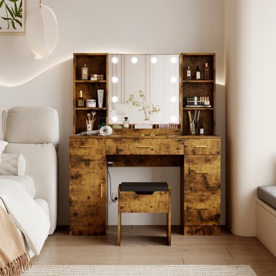Garvee Morden Vanity Table Set with Mirror and Lights & Power, Large Dressing Table With 5 Drawers, 6-Open Shelves,Stool(Brown)