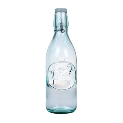 Amici Home Vintage Milk Glass Bottle, Embossed Cow Design with Airtight Swing Top Lid & Gasket - 34 Oz., Recycled Green-Tint Glass, Dishwasher Safe