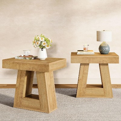 Tribesigns 24" Wooden Side Table for Living Room, 2-Tier End Table with Trapezoid Base, Small Farmhouse Nightstand for Bedroom