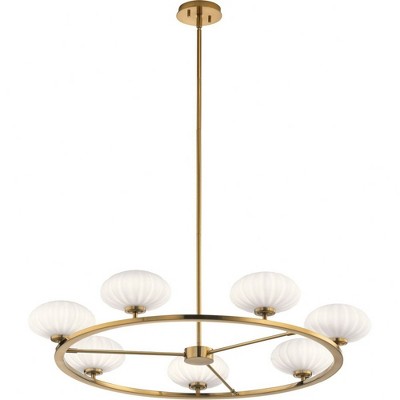 Pim 40" 7 Light Round Chandelier with Satin Etched Cased Opal Glass in Fox Gold