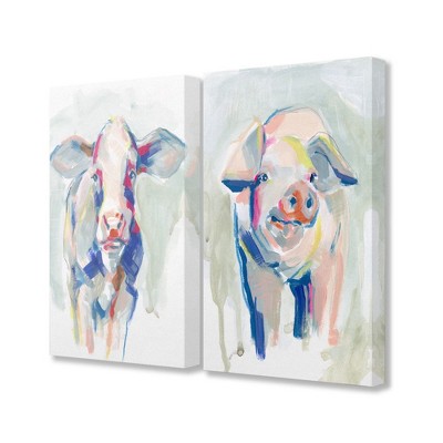 Stupell Industries Colorful Cow And Pig Farm Animal Paintings Gallery Wrapped Canvas Wall Art 2pc Set