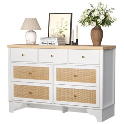 7 Drawers Dresser for Bedroom, 47.3'' Wide Wood Chest of Drawers with Natural Rattan Drawers, Drawer Organizer for Living Room, Entryway