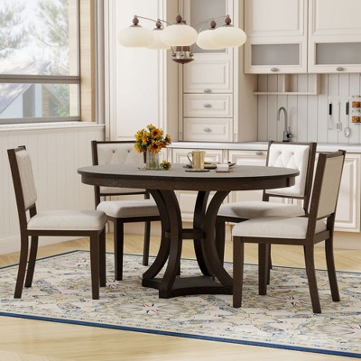 NicBex 5-Piece Retro Functional Dining Set,Extendable Round Dining Table with 4 Upholstered Chairs,Dining Table Set for Dining Room
