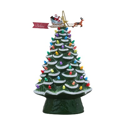 Mr. Christmas 90th Anniversary Collection - 16" Lit Ceramic Tree with Animated Santa's Sleigh, Green