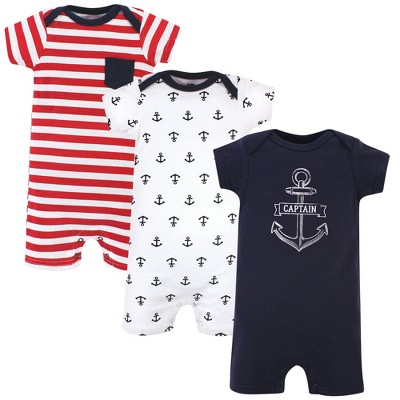 Hudson Baby Infant Boys Cotton Rompers 3pk, Captain