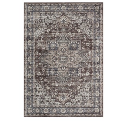 Washable Vintage Oriental Rug Non Slip Low Pile Rug Soft Throw Floor Cover Retro Medallion Foldable Indoor Carpet for Living Room Bedroom
