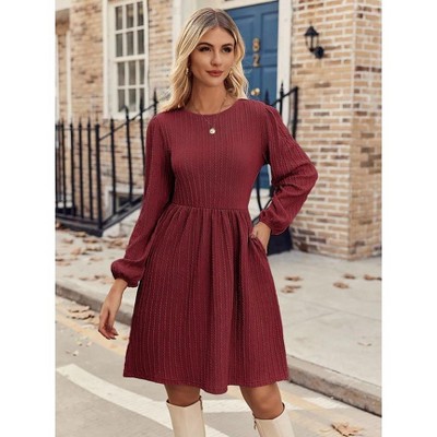 Coolmee Women Casual Crew Neck Jacquard Knit Bubble Long Sleeve A-Line Sweater Mini Dress With Pockets