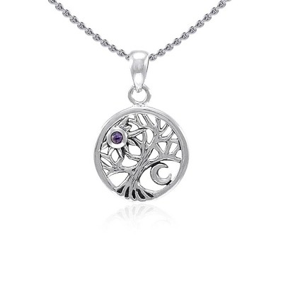Slickblue Celtic Tree of Life Pendant with Amethyst Stone, Sterling Silver Necklace 18 Inch Chain