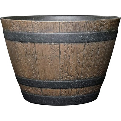 Classic Home and Garden Indoor/Outdoor Round Whiskey Resin Flower Pot Barrel Planter, Oak Brown