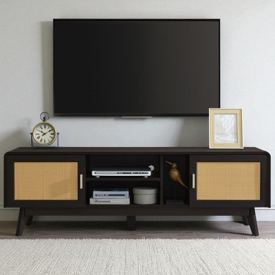 63'' Dark Rattan TV Stand with 2 Cabinets for 65 Inch TV, Entertainment Center with Solid Wood Legs, Media Console for Living Room, Bedroom