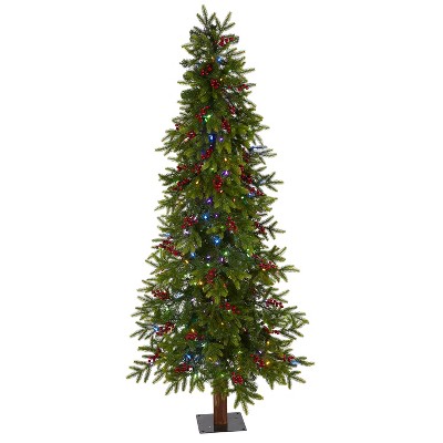 6ft. Fir Artificial Christmas Tree with 250 Multi-Color LED Lights, Berries & 415 Branches – Bright Holiday X-Mas Tree