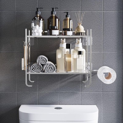Over Toilet Storage Shelf, 2-Tier Bathroom Storage Organizer with 2 Hooks, Paper Holder, Metal Space Saving Multi-Purpose Toilet Tank Organizer Rack