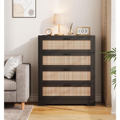4 Drawers Rattan Dresser, Storage Chest of Drawers with Wooden Spacious Top,Handles,Easy to Assemble,Modern Dresser for Bedroom,Living Room,Hallway